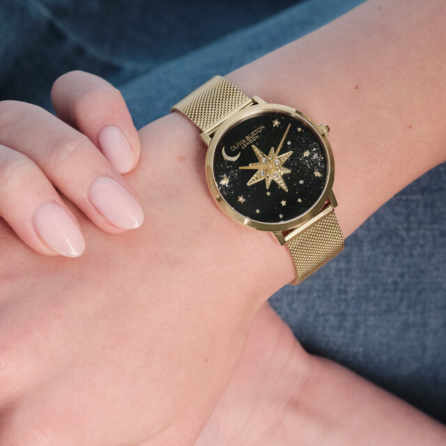 Montre Nova 35 mm avec bracelet en maille noir et or