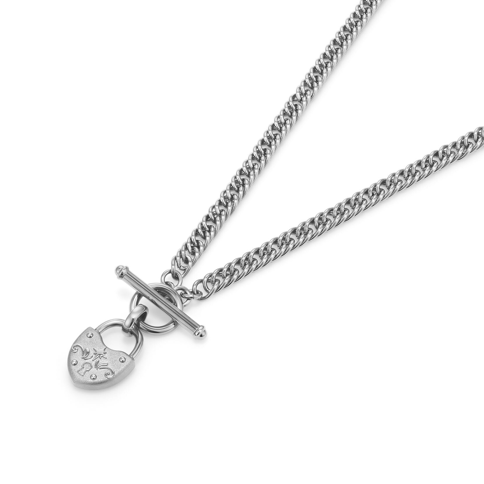 Lock Heart Silver Tone Toggle Necklace