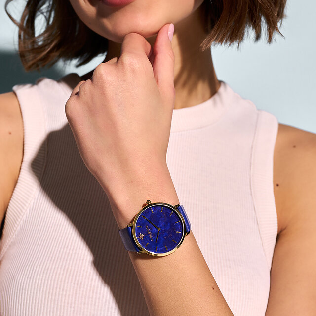 Montre à bracelet en cuir Imitation lapis-lazuli, Or et Bleu 40 mm