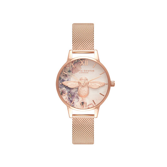 Watercolour Florals Rose Gold Mesh Watch