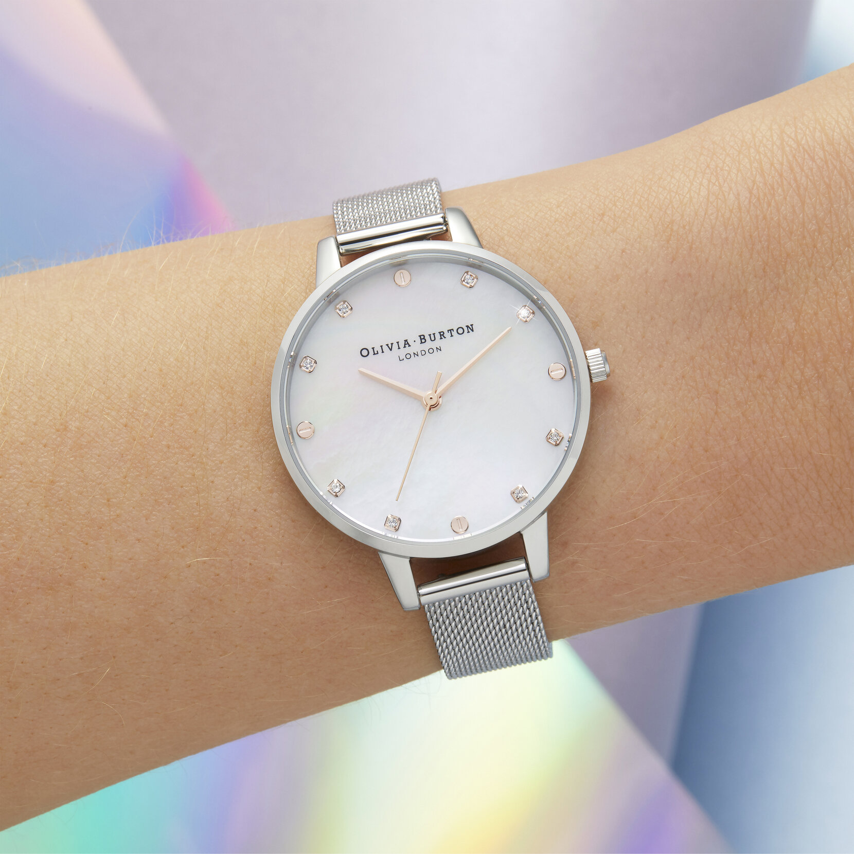 34mm White & Silver Mesh Watch