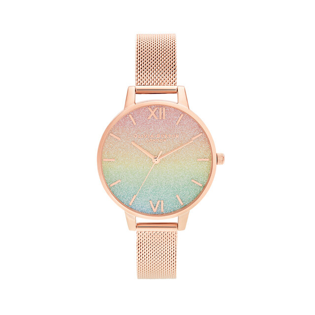 Cadran Rainbow Glitter et bracelet milanais or rose
