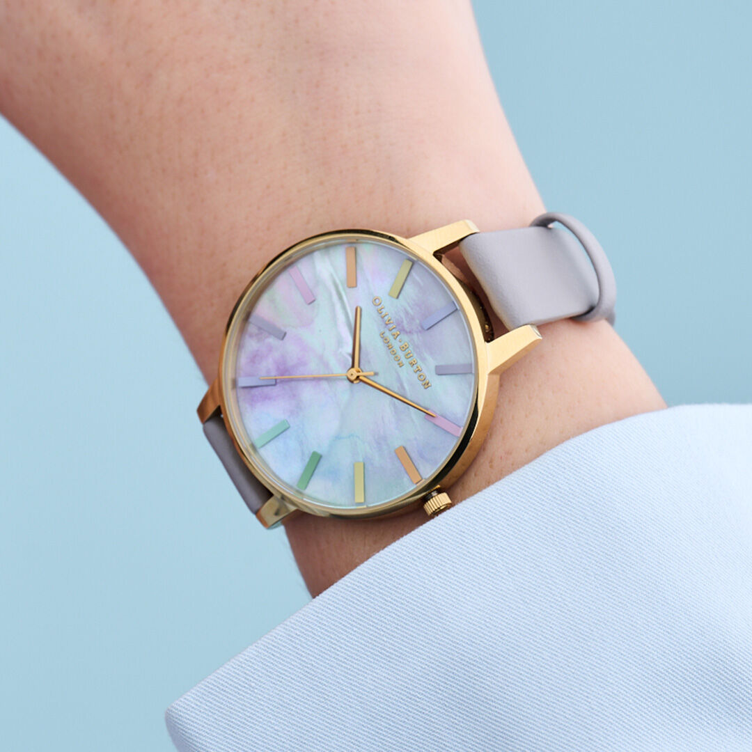 Rainbow 38mm Gold Gray Leather Strap Watch Olivia Burton London