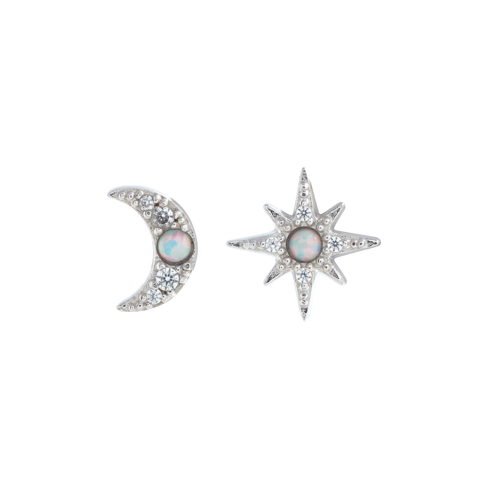 North Star & Moon Opal, Silver Stud Earrings