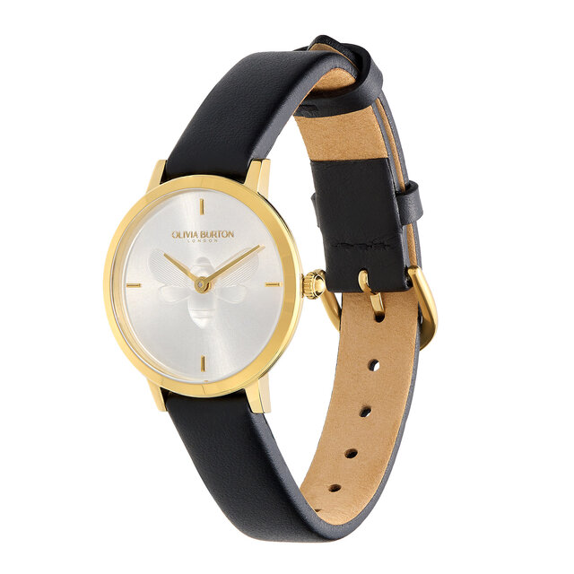 Montre Abeille ultra fine avec bracelet en cuir Or et Noir 28 mm