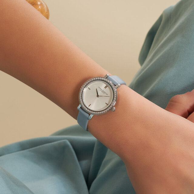Montre Vintage Perlée Argent & Bracelet en Cuir Bleu Fumé 30 mm