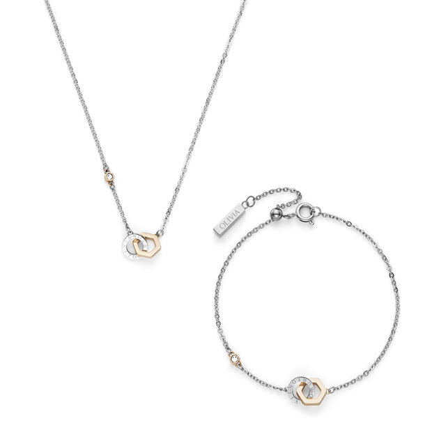 Ensemble Cadeau Bracelet et Collier Hex Interlink Argent et Plaqué Or Rose
