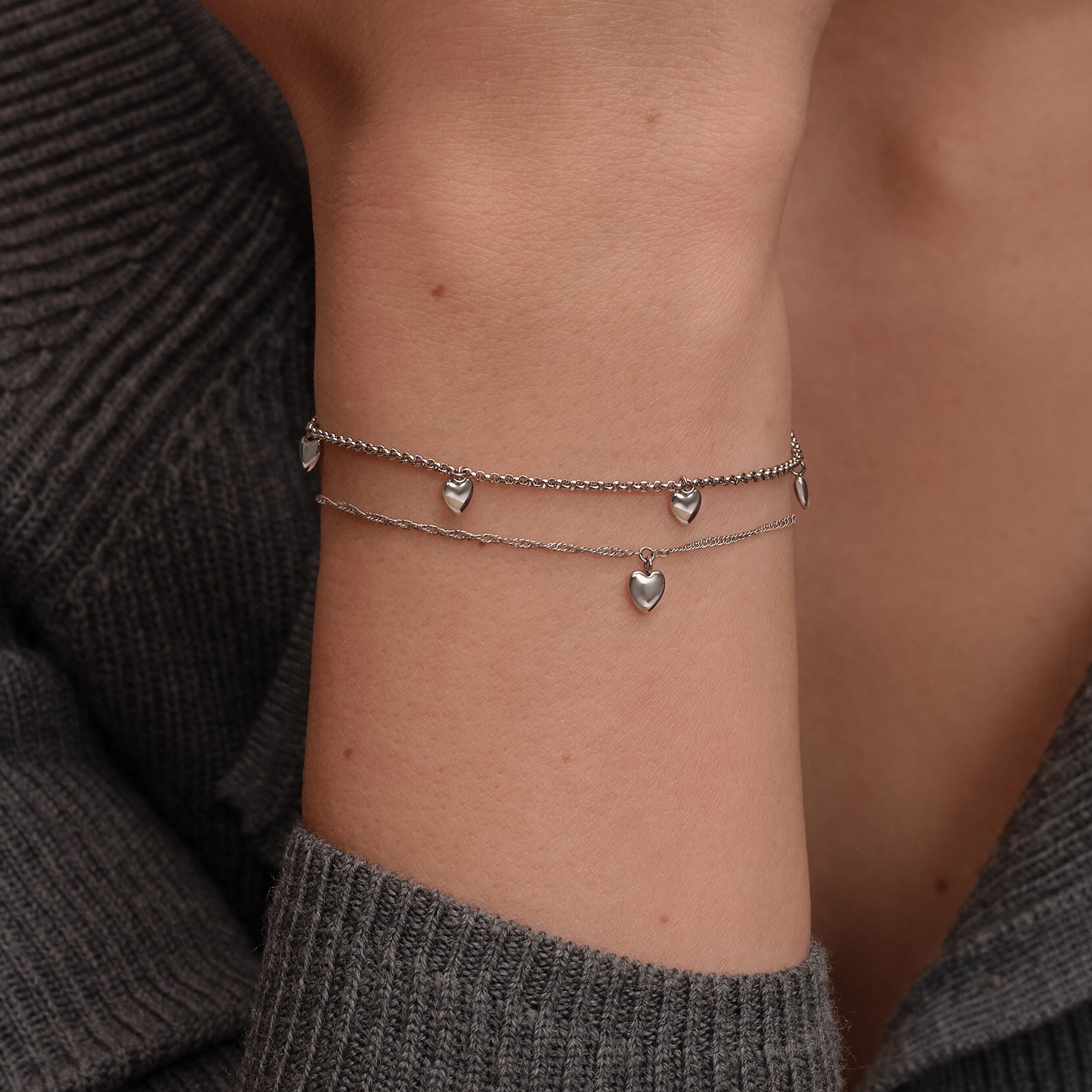 Bracelet Mini Heart Argent à Double Chaîne