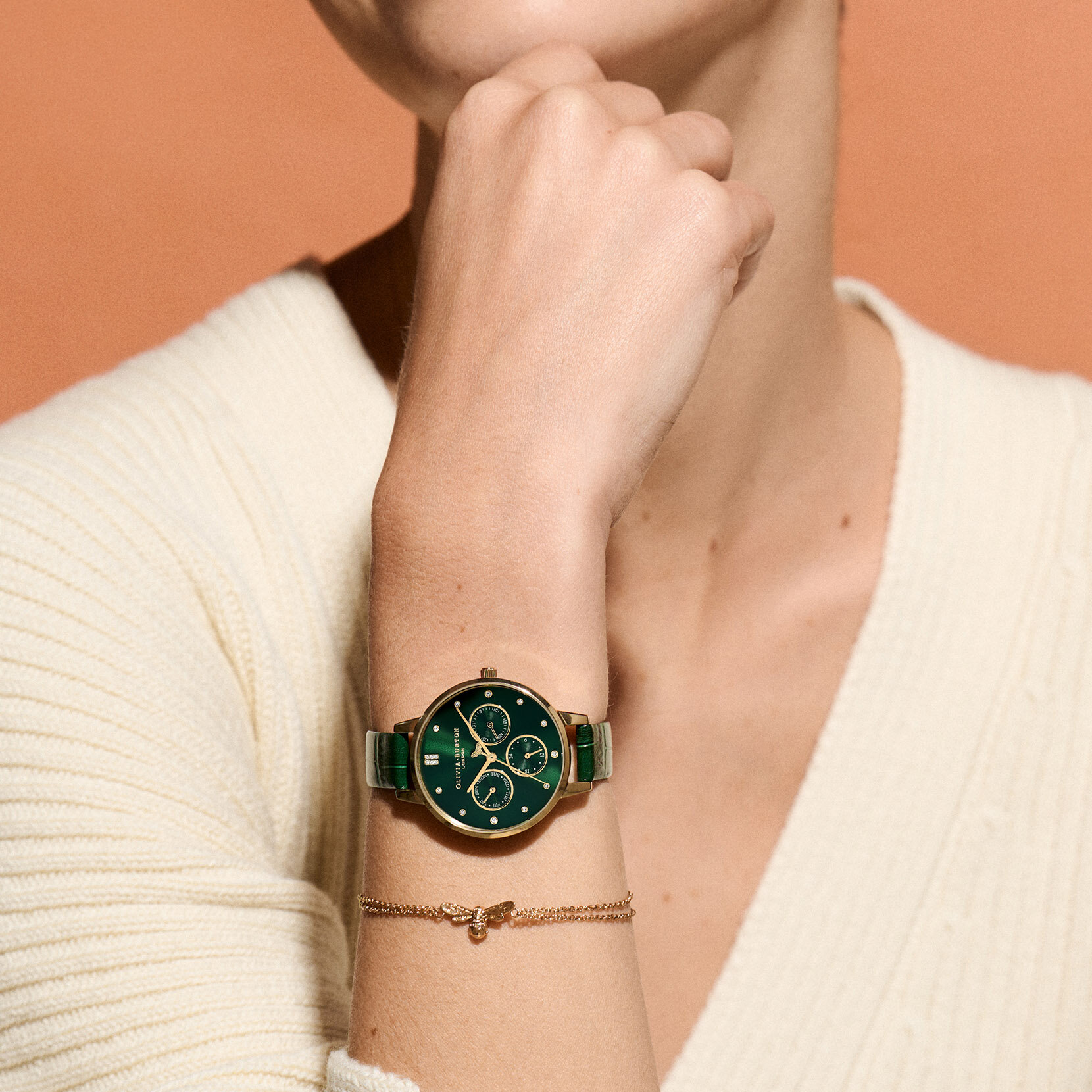 Montre Multifunction or à bracelet cuir vert forêt 34 mm