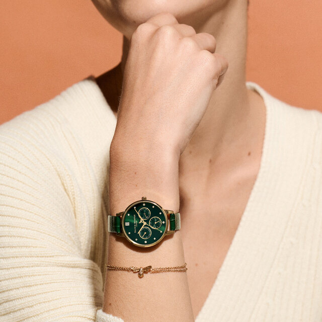 34mm Gold & Forest Green Leather Strap Watch