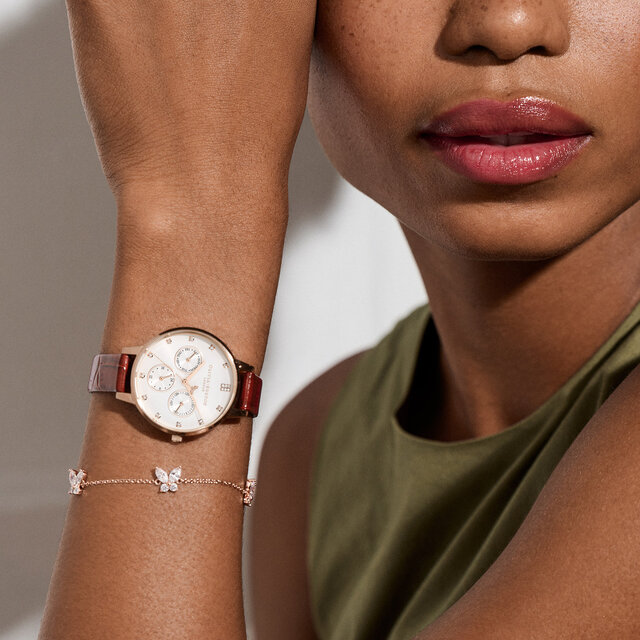 34mm White, Carnation Gold & Burgundy Leather Strap Watch