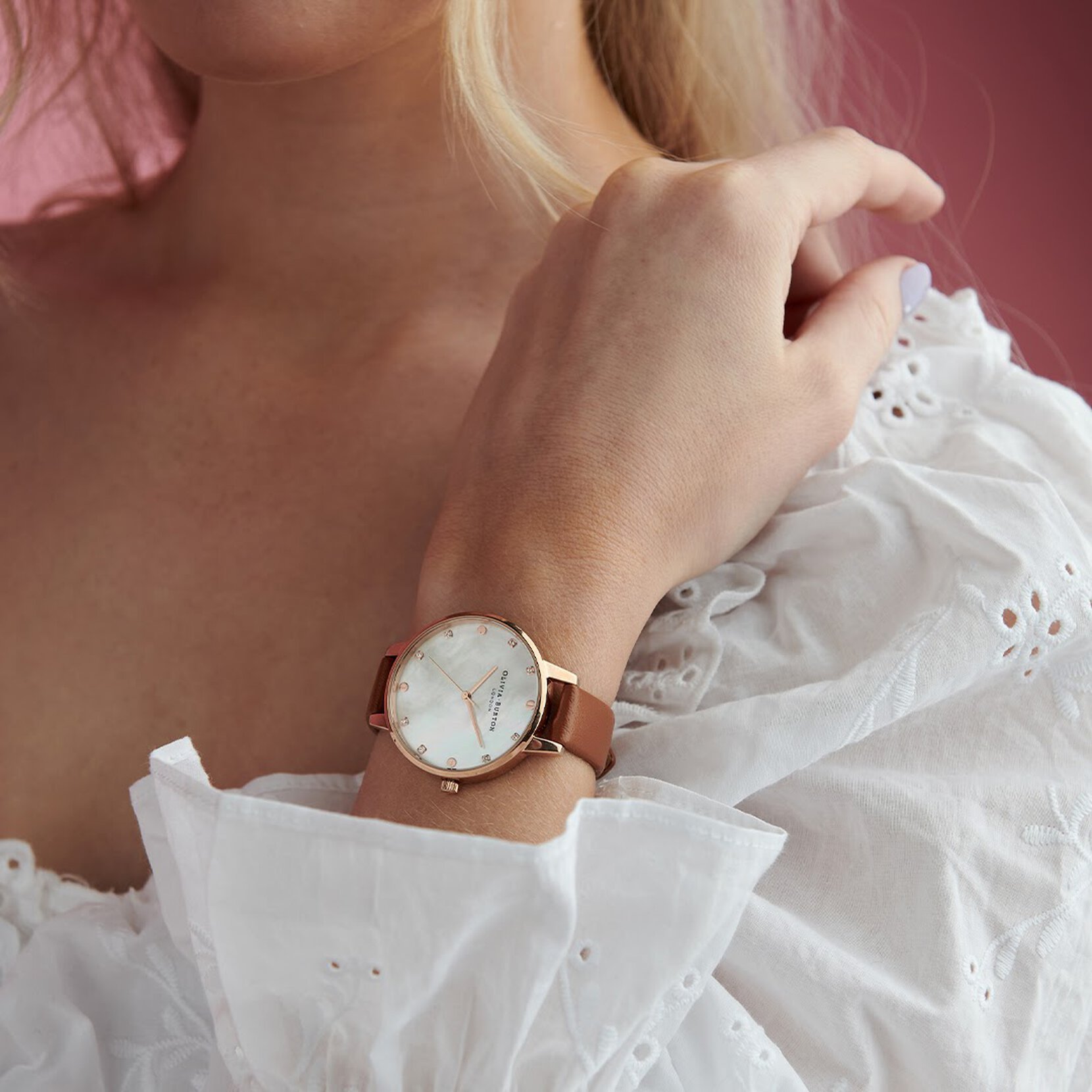 34mm Rose Gold & Tan Leather Strap Watch