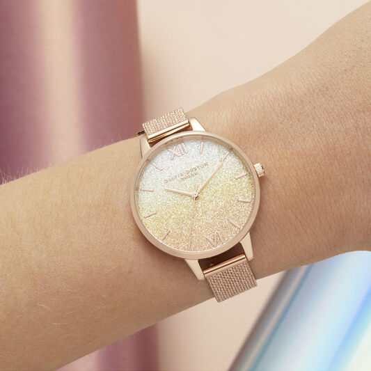 Sunset Ombre Glitter Demi Dial Rose Gold Boucle Mesh Watch