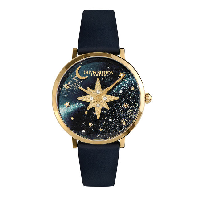 Montre Nova fine avec bracelet en cuir Or et Bleu saphir 35 mm