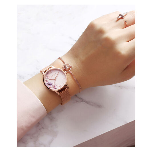 Watercolour Florals Rose Gold Mesh Watch