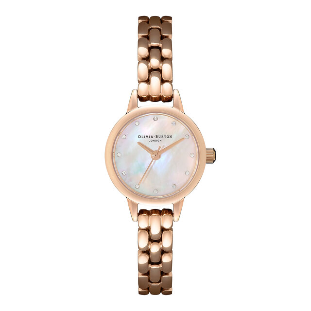 Montre Classic à mini cadran, nacre blanc poudré et bracelet or rose