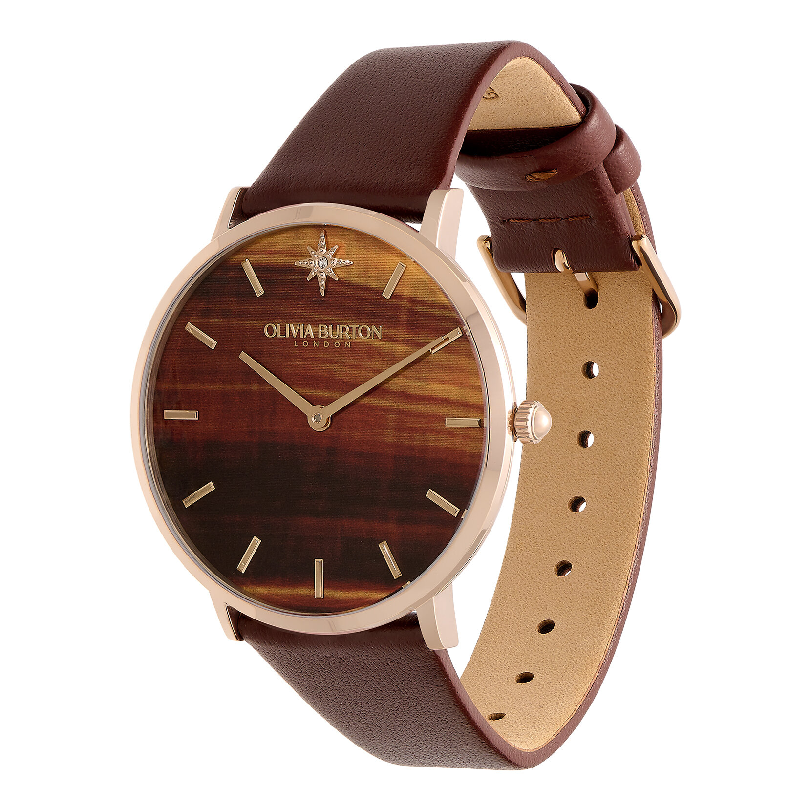 40mm Faux Tiger's Eye, Carnation Gold & Brown Leather Strap Watch
