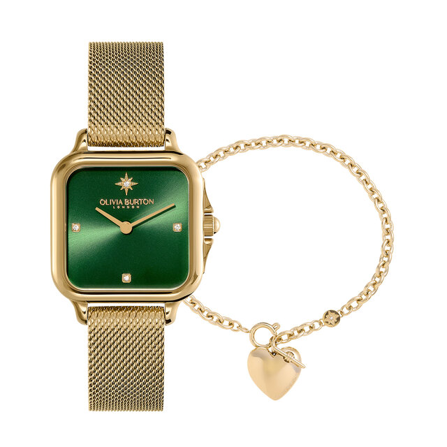 Coffret Grosvenor 28mm Vert & Montre en Maille Dorée & Bracelet Nœud d’Amour