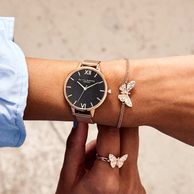 34mm Black & Rose Gold Mesh Watch