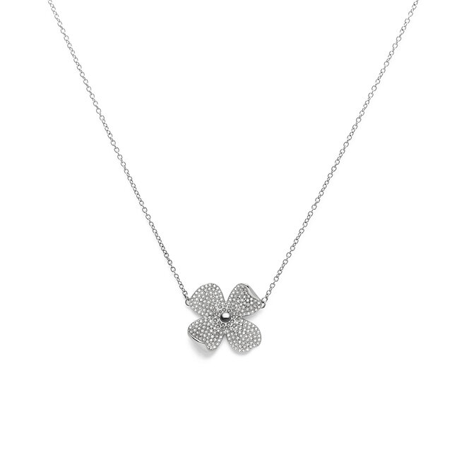 Dogwood Flower Paved Silver Pendant Necklace