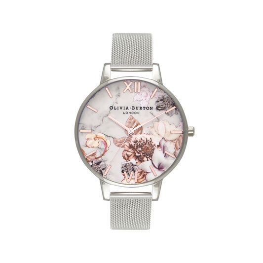 Marble Floral Silver Mesh Watch