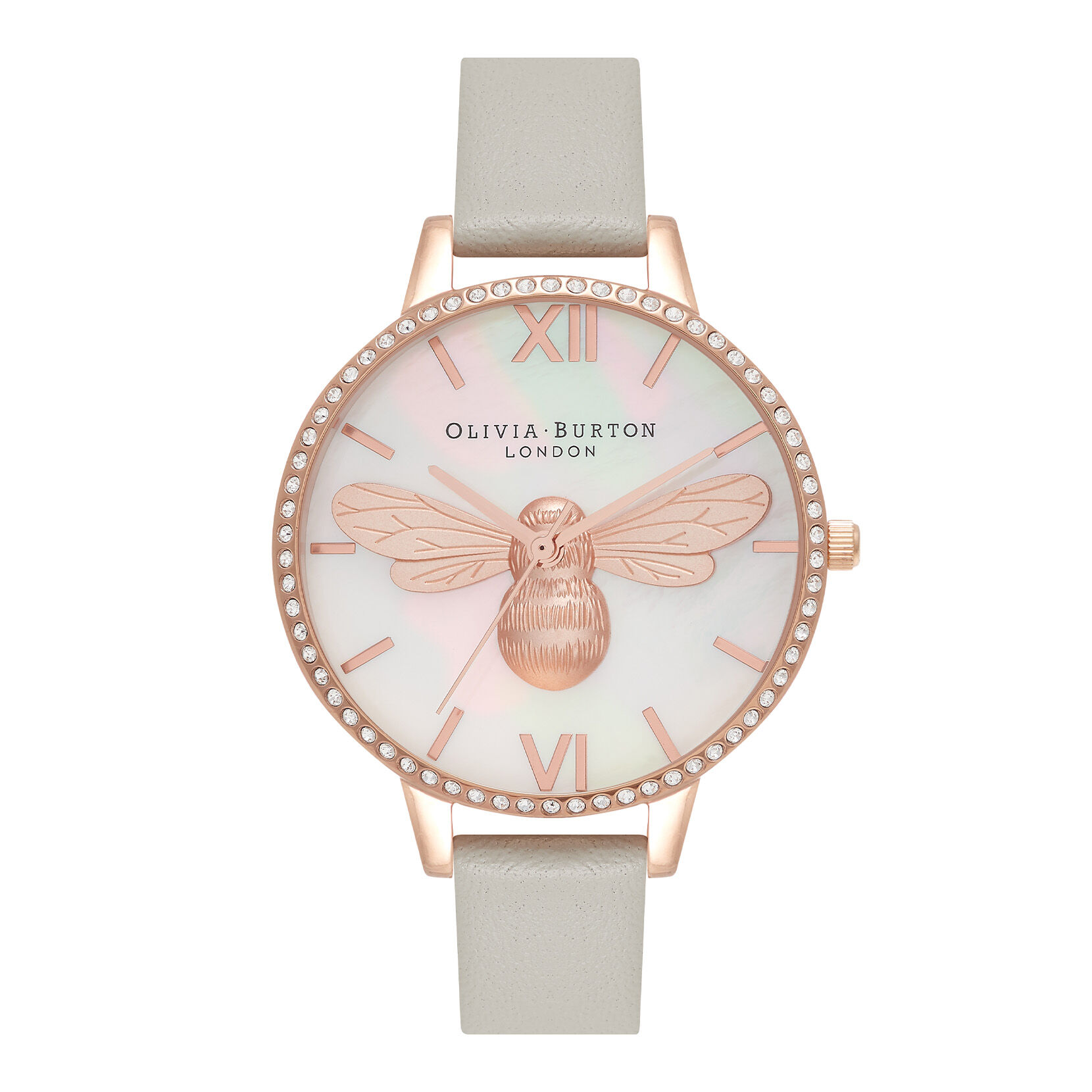 Montre charme grise et or rose à cadran demi au motif d'abeille