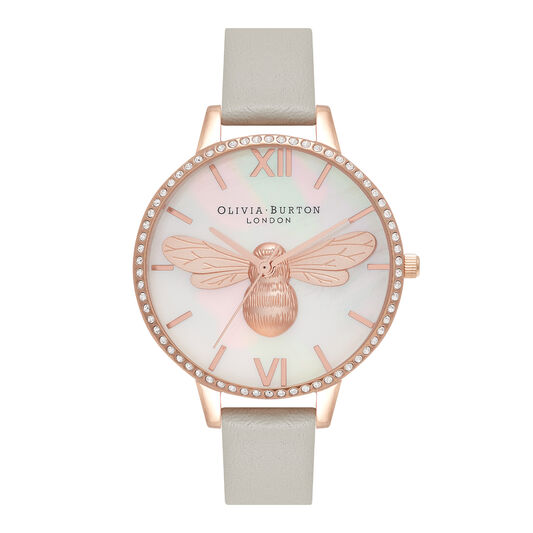 Lucky Bee 34mm Rose Gold & Grey Leather Strap Watch