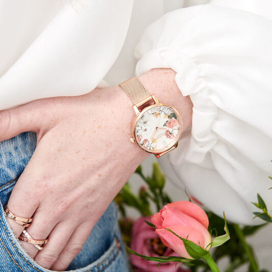 Sparkle Florals 34mm White & Rose Gold Mesh Watch