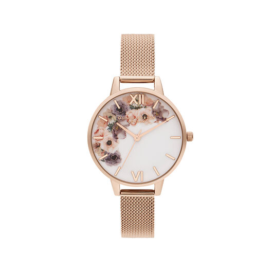 Watercolour Florals Rose Gold Mesh Watch