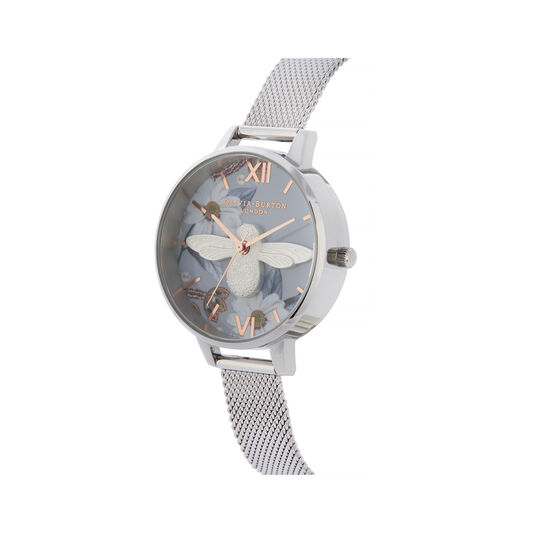 3D Bee, Bejewelled Floral Silver Watch