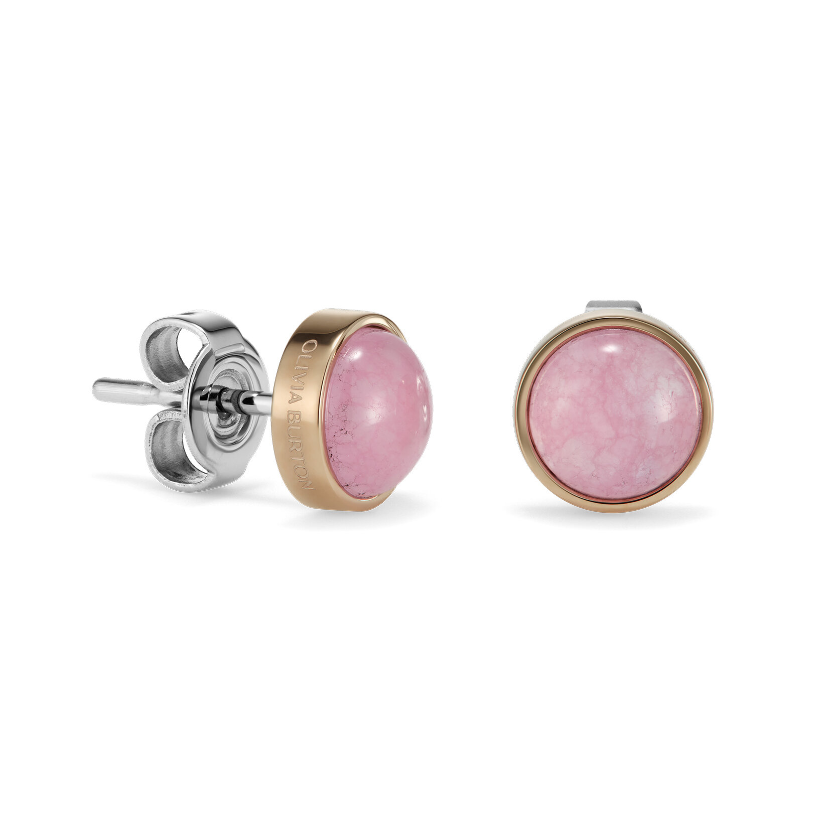 Rose Quartz Cabochon Rose Gold Plated Gemstone Stud Earrings