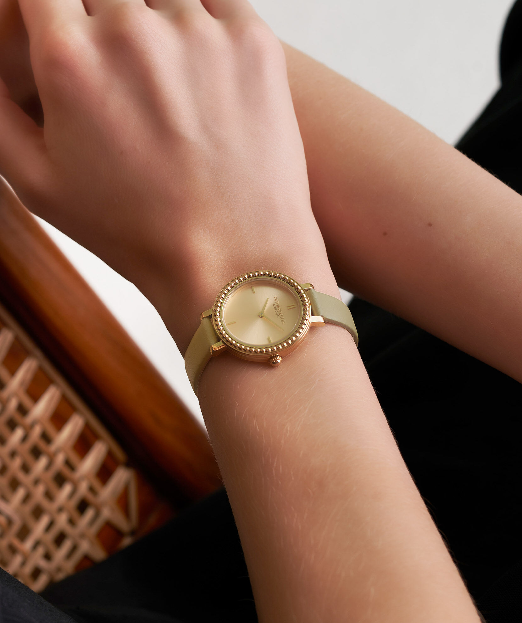 Classic 30mm Vintage Bead Gold Sage Green Leather Strap Watch Olivia Burton London