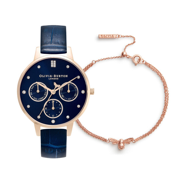 34mm Carnation Gold & Blue Leather Strap Watch & Lucky Bee Bee Bracelet