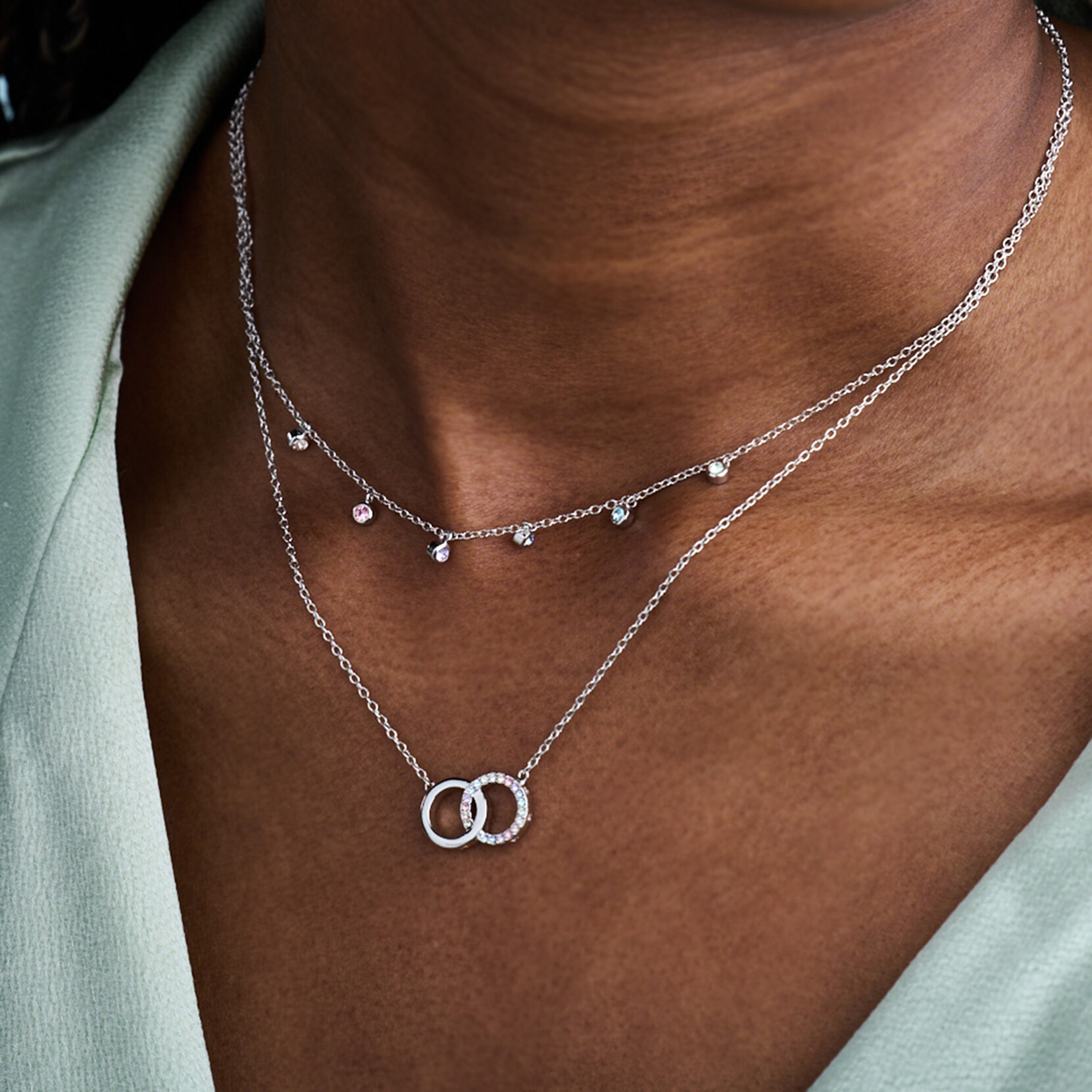 Coffret cadeau collier ras du cou et collier Interlink Rainbow argent