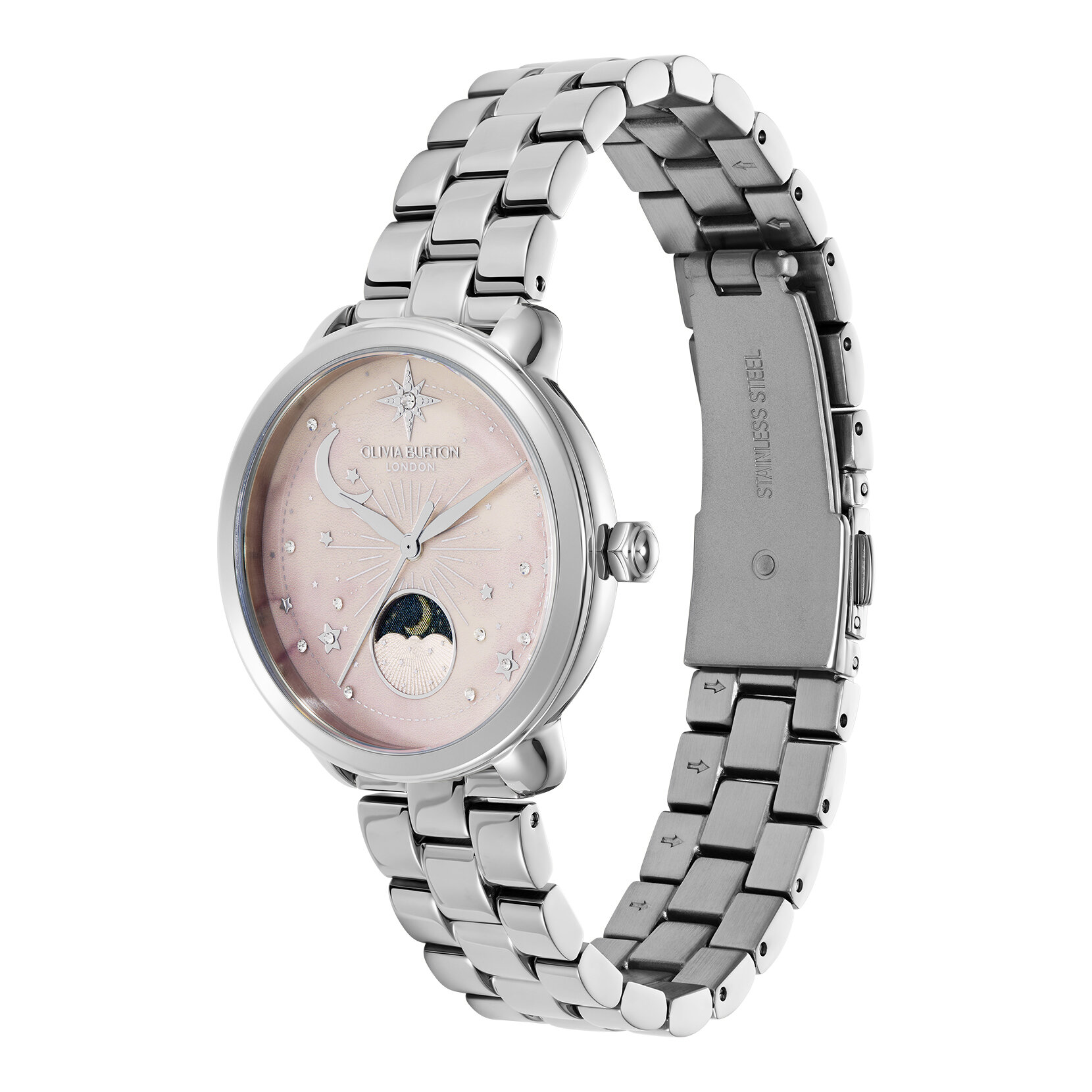 34mm Moon Phase Pink & Silver Bracelet Watch