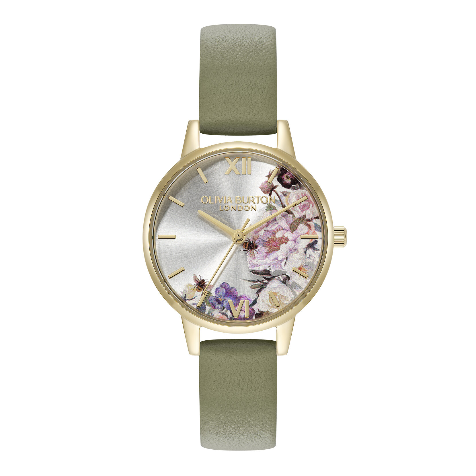Montre au bracelet en cuir ornée de fleurs 30mm or et vert sauge