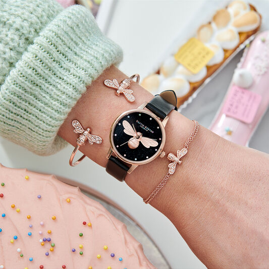 Rainbow 30mm Black & Rose Gold Vegan Leather Strap Watch  display picture 1
