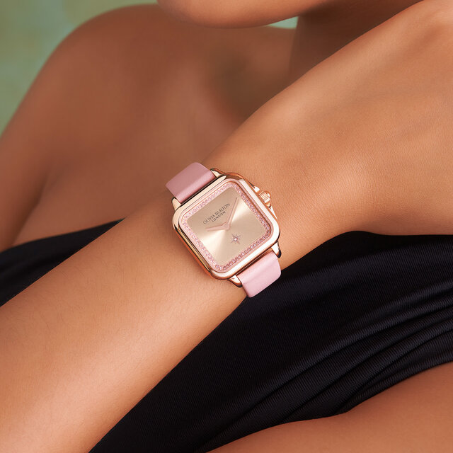 Montre Grosvenor Or Rose & Bracelet en Cuir Rose Pâle 28 mm