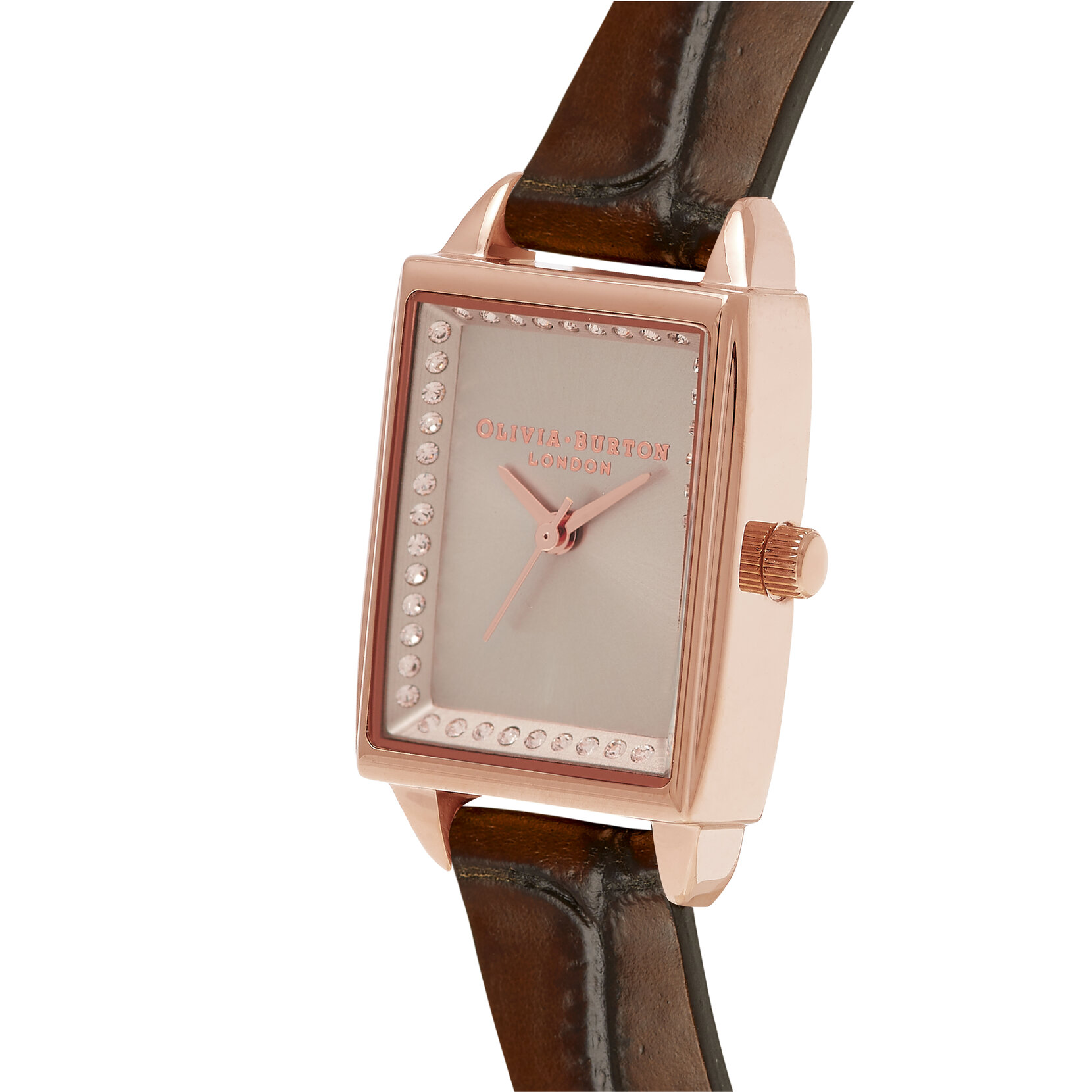 Rectangular Rose Gold & Brown Leather Strap Watch