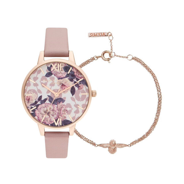 Wildflower Vegan Rose & Pale Rose Gold Watch and 3D Bee Rose Gold Bracelet Gift Set