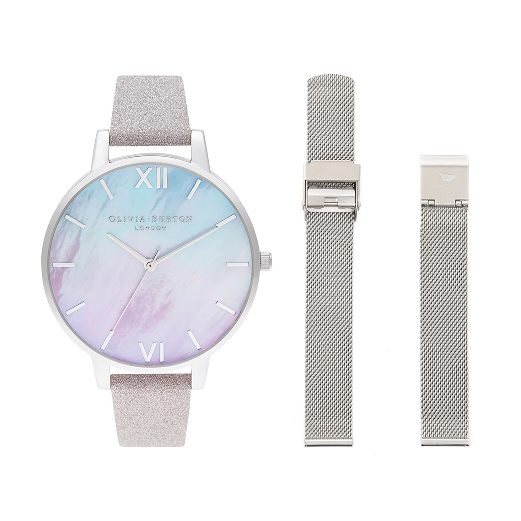 Ombre Mother Of Pearl Dial  Watch with Lilac Glitter Strap & Silver Mesh Strap Set