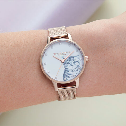 Illustrated Animals Pearly Kitten, Pale Rose Gold Mesh