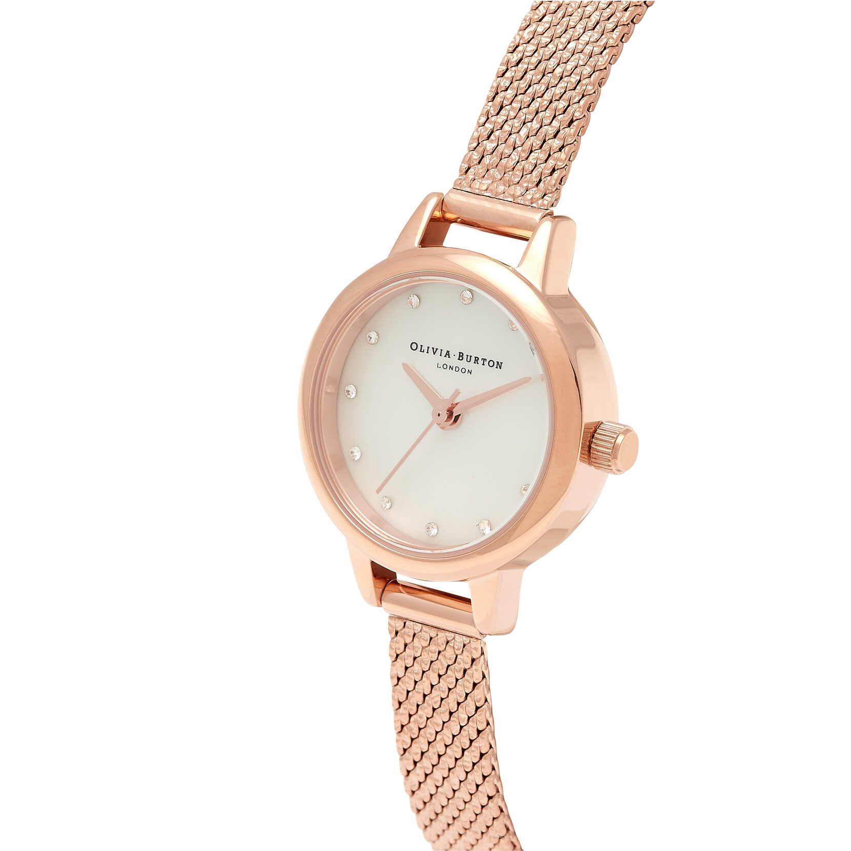 Montre à cadran Mini nacre blanche, index scintillants et bracelet milanais bouclé or rose