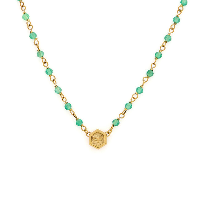 Collier Perlé Vert & Plaqué Or avec Charm Abeille Minima