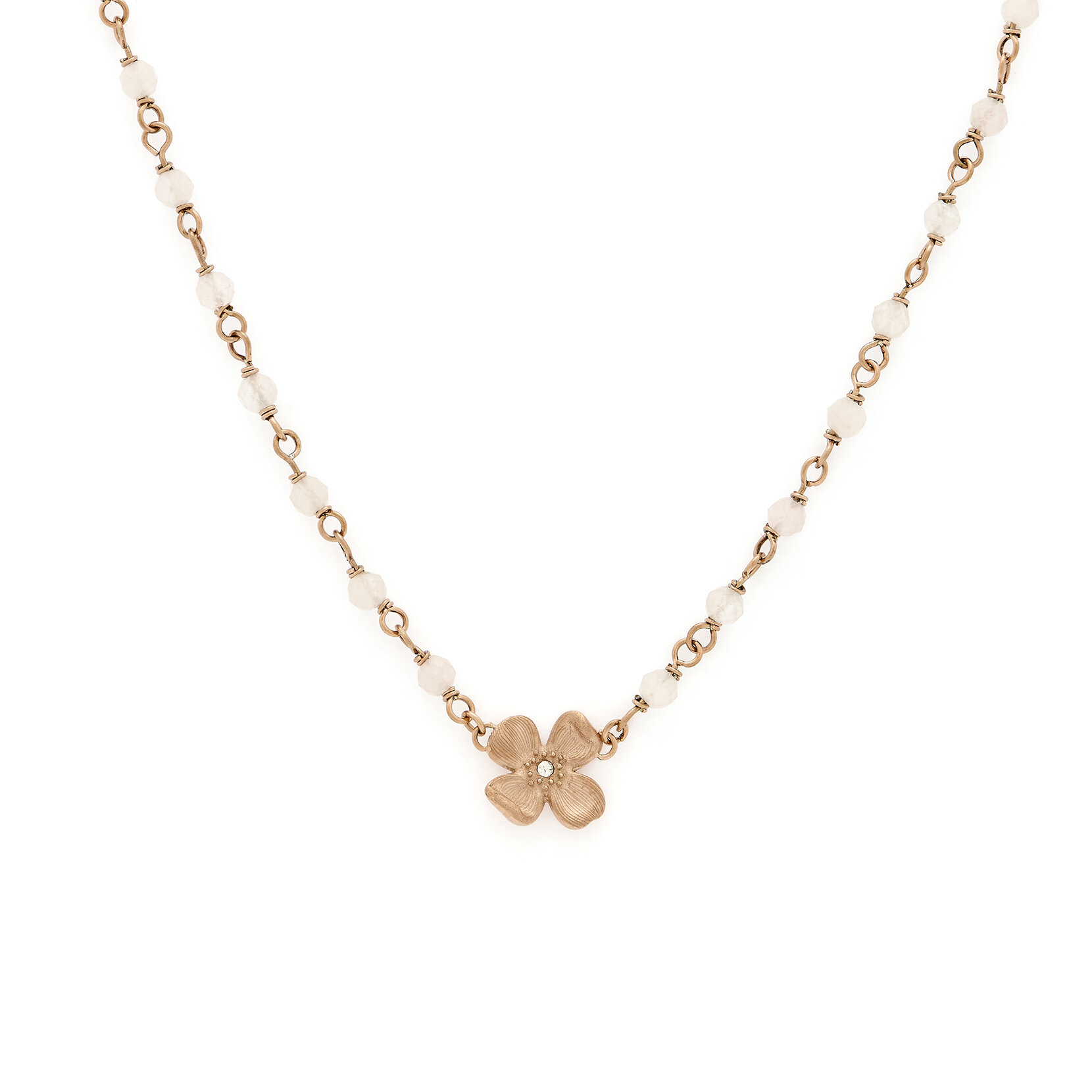 Collier Perlé Plaqué Or Rose avec Charm Fleur de Cornouiller