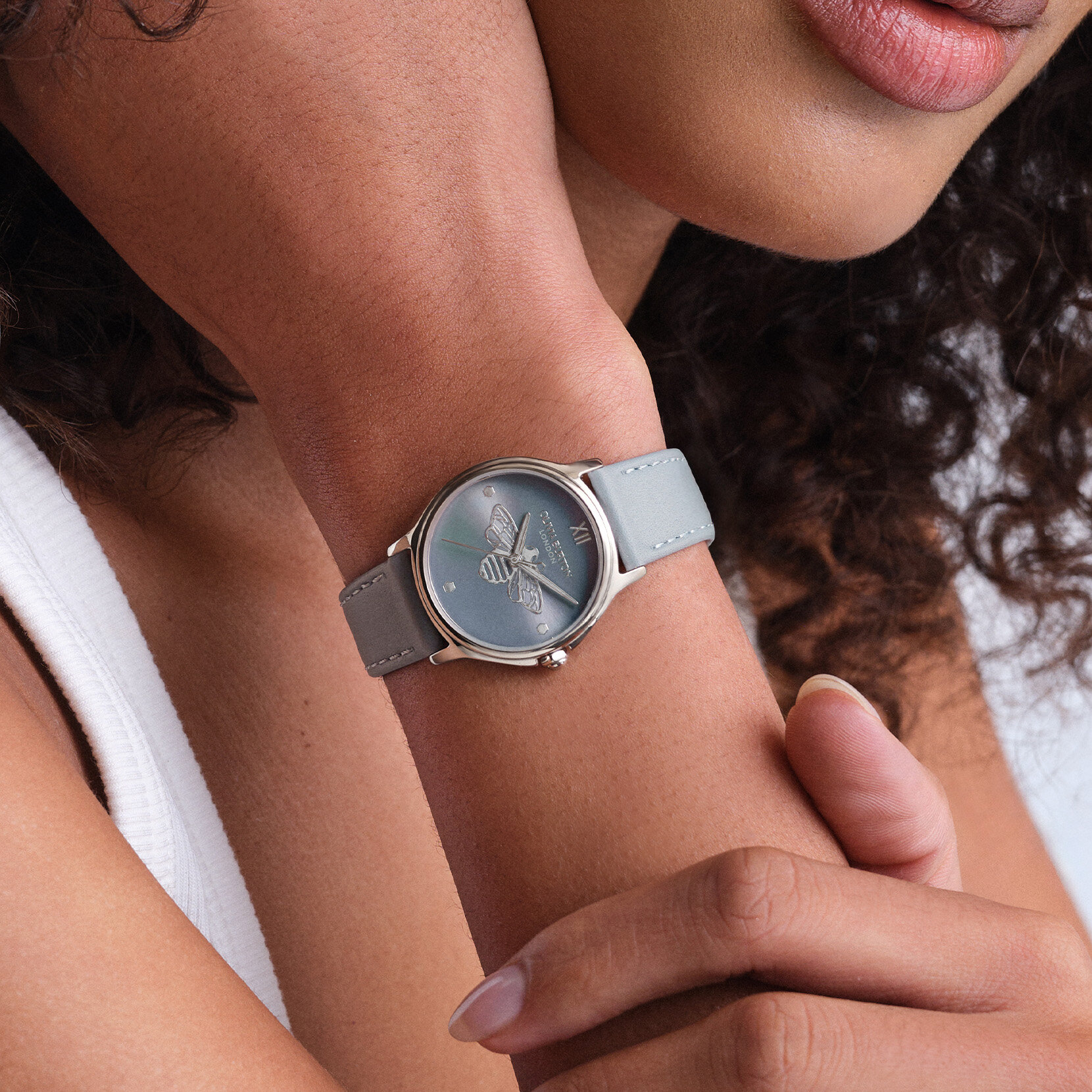 30mm Classic Bee Silver & Chalk Blue Leather Strap Watch