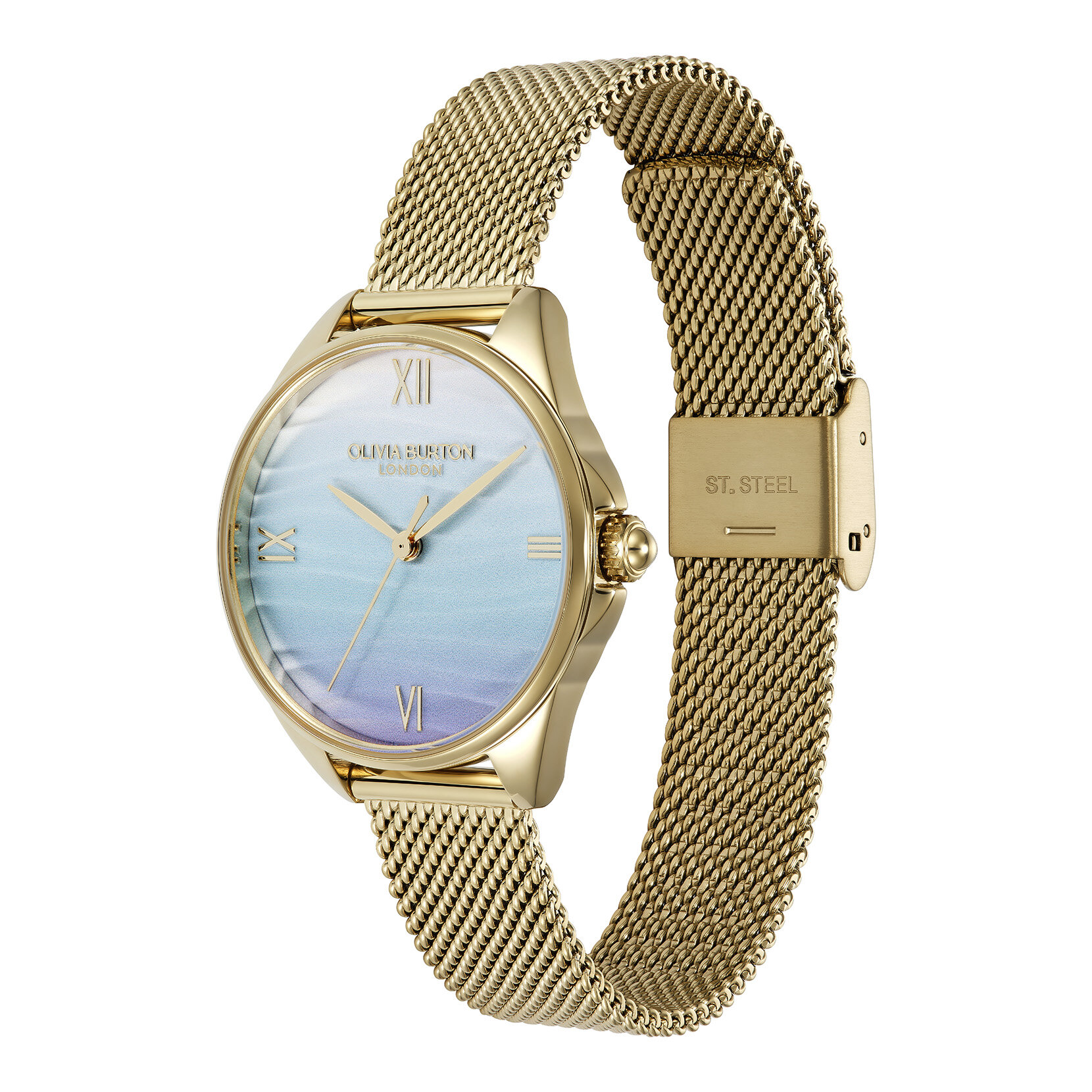 Montre &agrave; mailles dor&eacute;es et bleu azur 30 mm