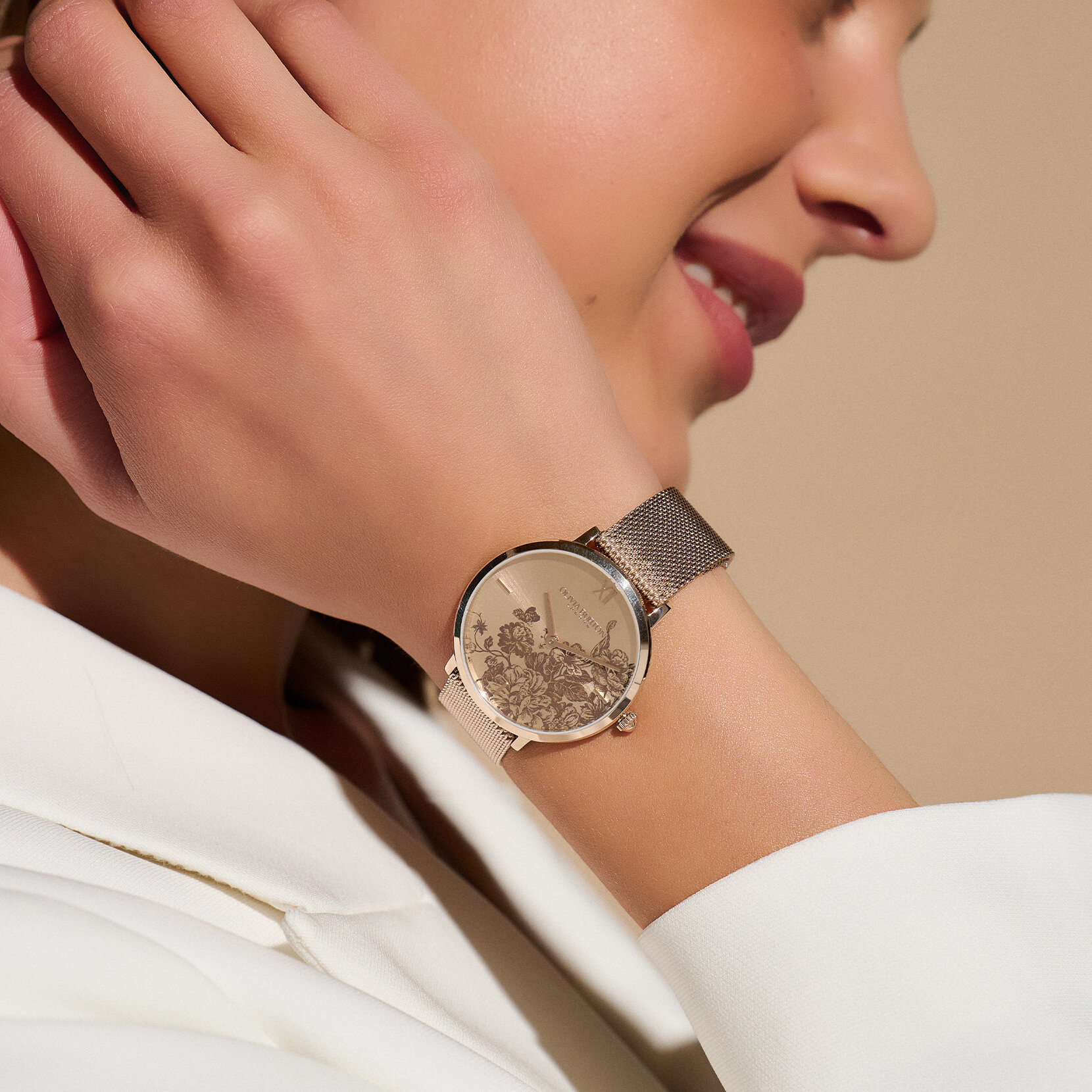 Montre Floral Blooms ultra fine avec bracelet en Rose pastel et Or rose milanais 35 mm