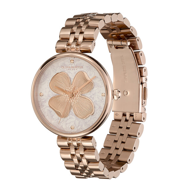 Montre Fleur de cornouiller avec fermoir en T et bracelet Blanc et Or rose 36 mm