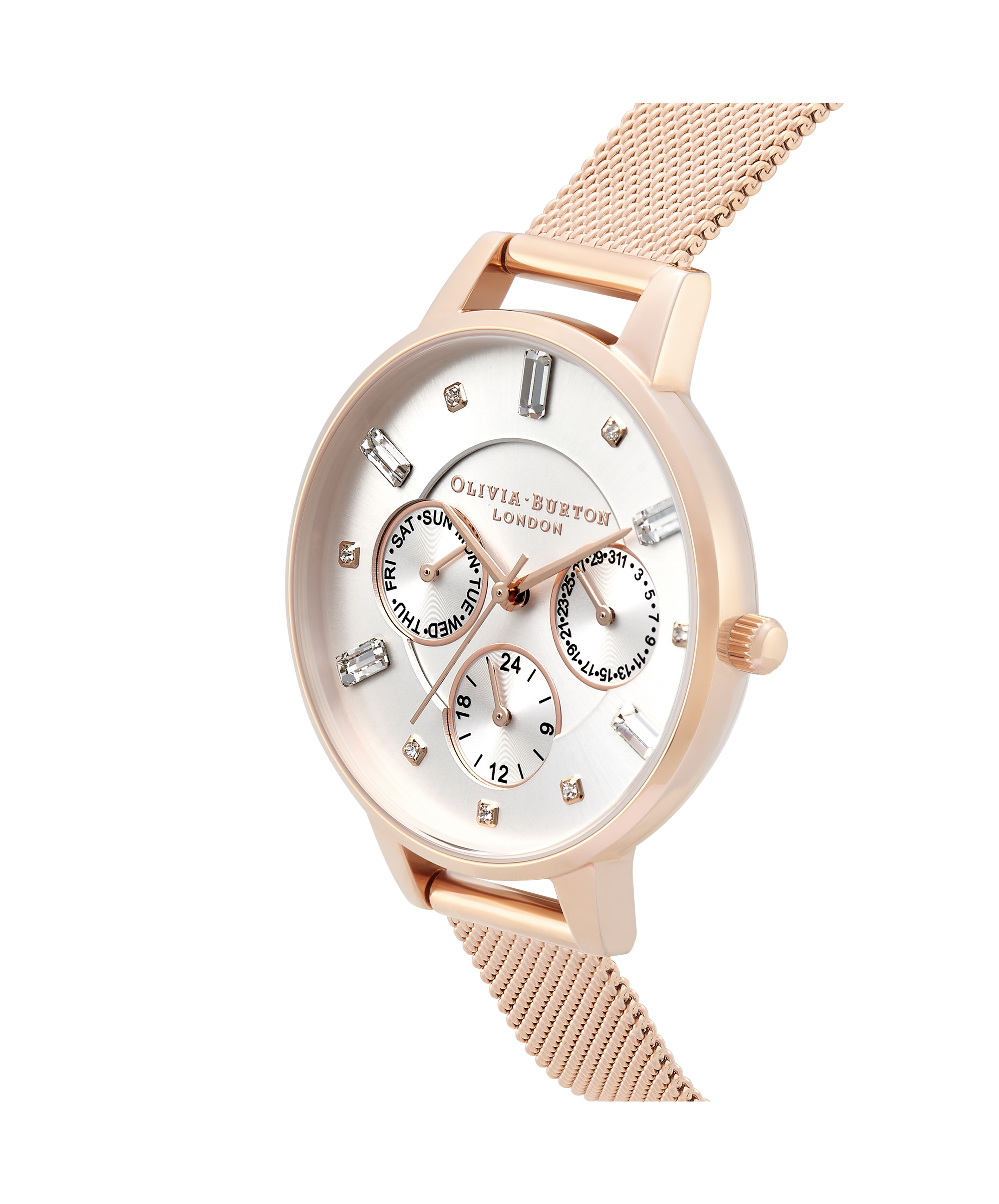 Multi Function 34mm Silver Rose Gold Mesh Watch Olivia Burton London